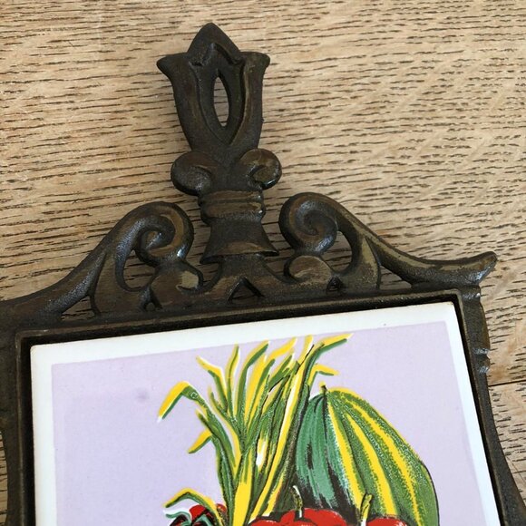 Vintage Cast Iron Vegetable Trivet, Ceramic Tile with Frame - Picture 3 of 5